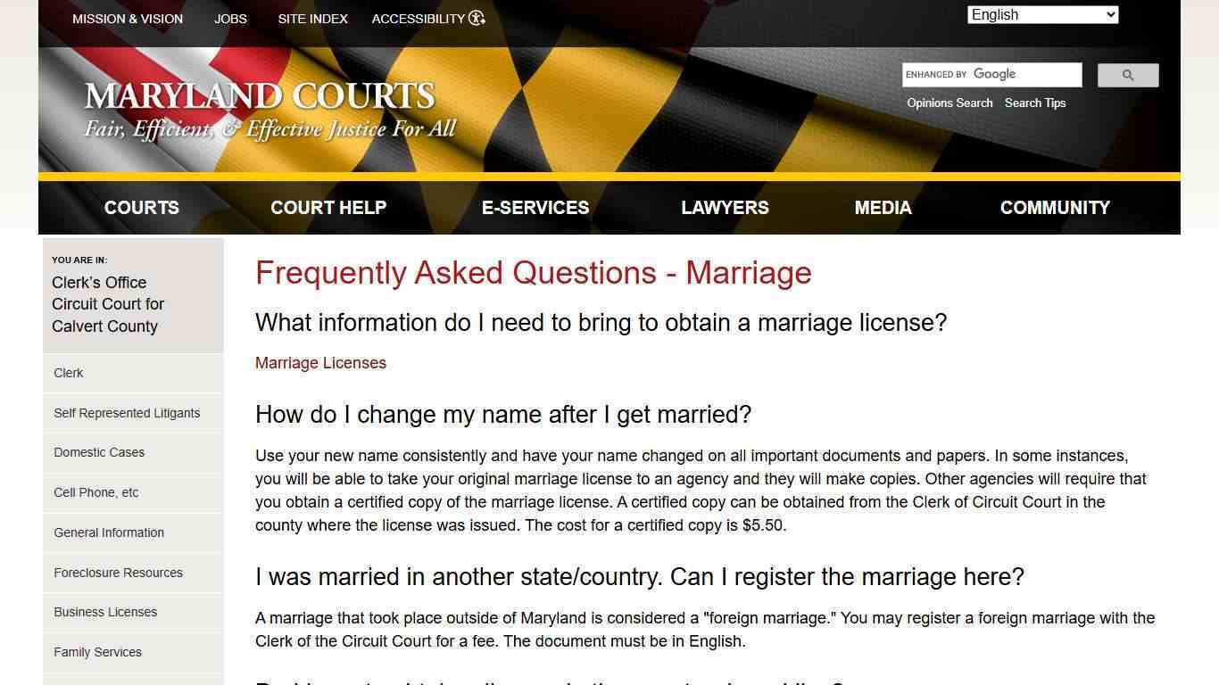 Frequently Asked Questions - Marriage | Maryland Courts