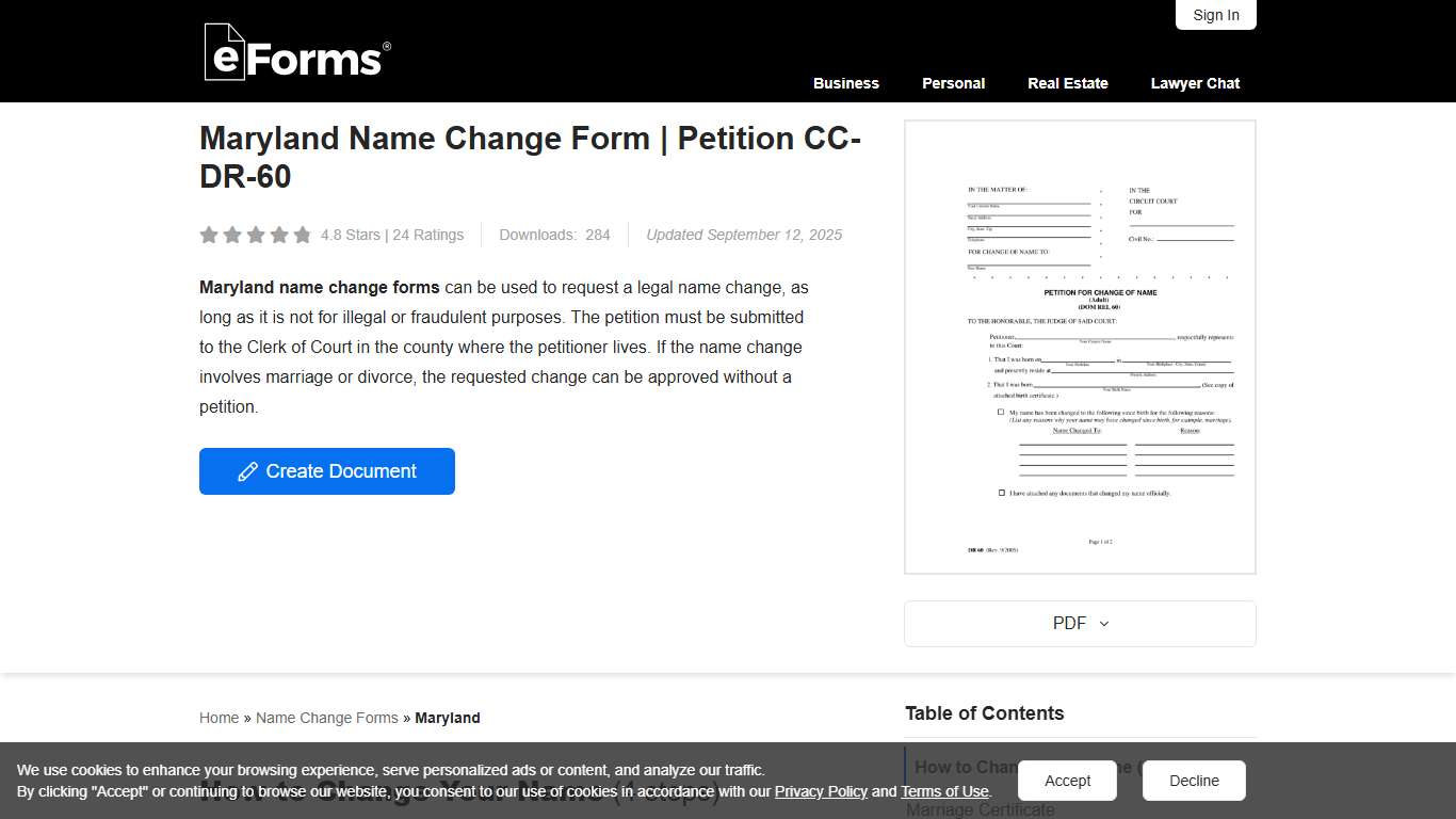Free Maryland Name Change Forms | Petition CC-DR-60 - PDF – eForms